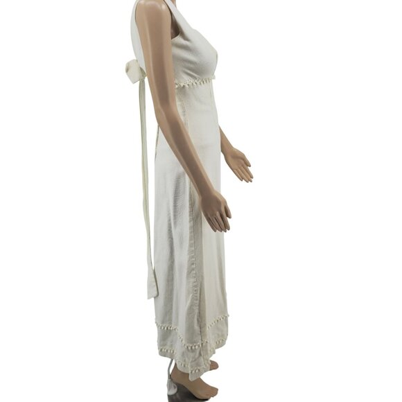 Vintage Ivory Dress With Pom Pom Trim & Bow Detail Sleeveless Empire Waist Squar - Picture 2 of 7